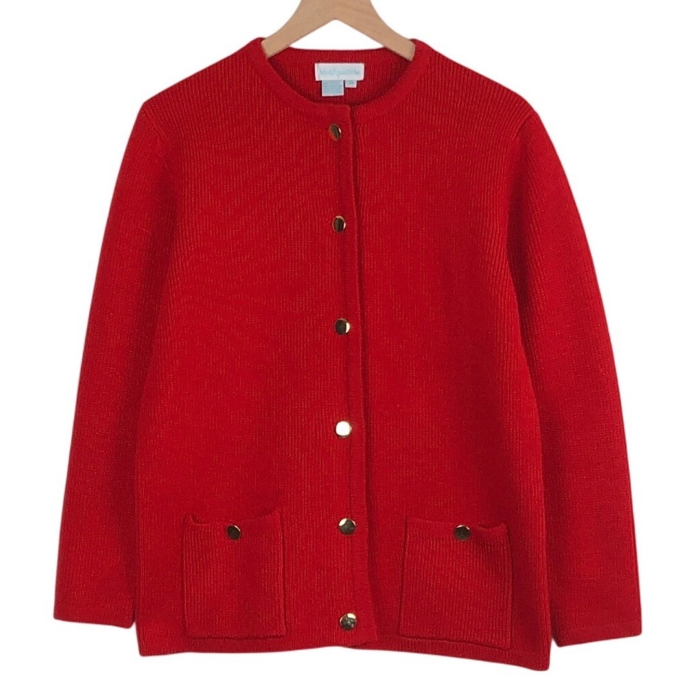 VTG Mark Fore & Strike Cardigan Sz 38 Red Acrylic Gold Buttons Pockets Sweater